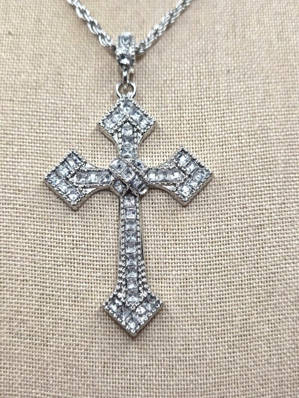 Silver-Tone Cross Necklace With Rhinestones & Rope Chain - Picture 3 of 4